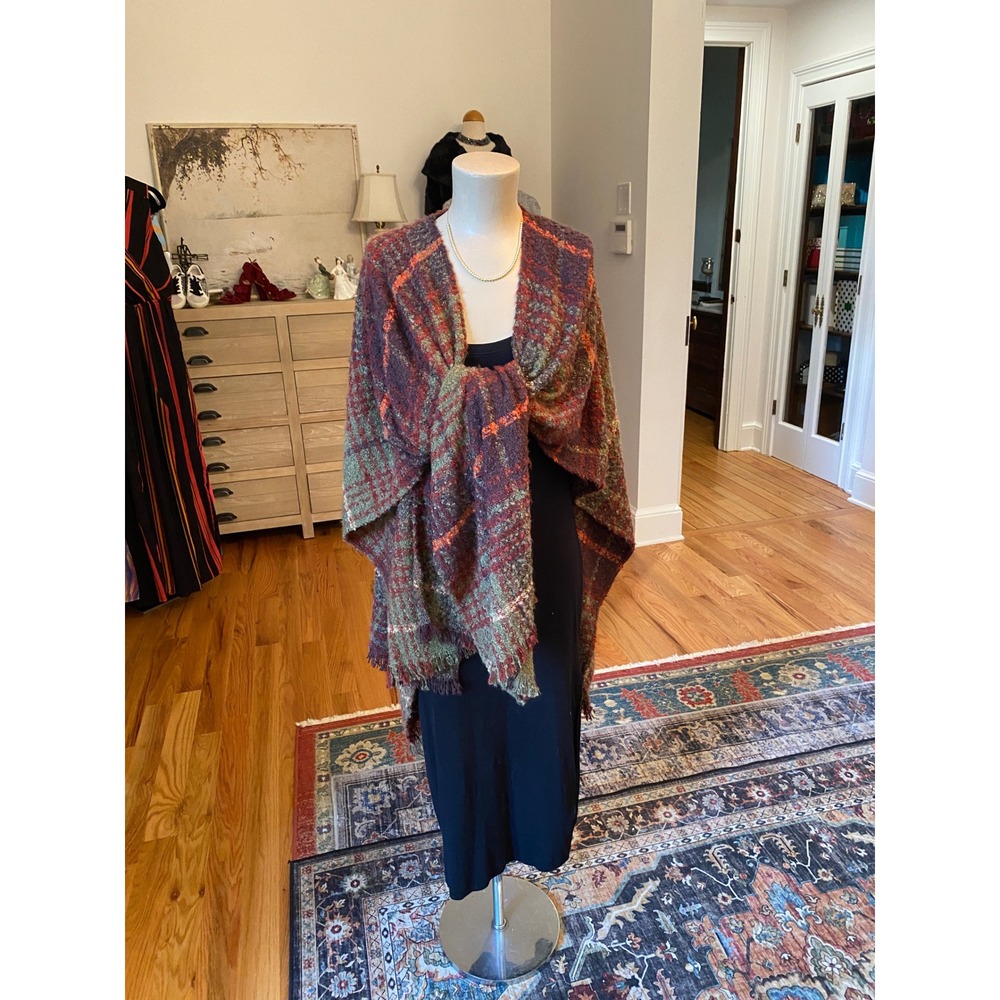 Woolrich Green Label Plaid Poncho Wrap Purple Green Orange One Size Boucle Knit